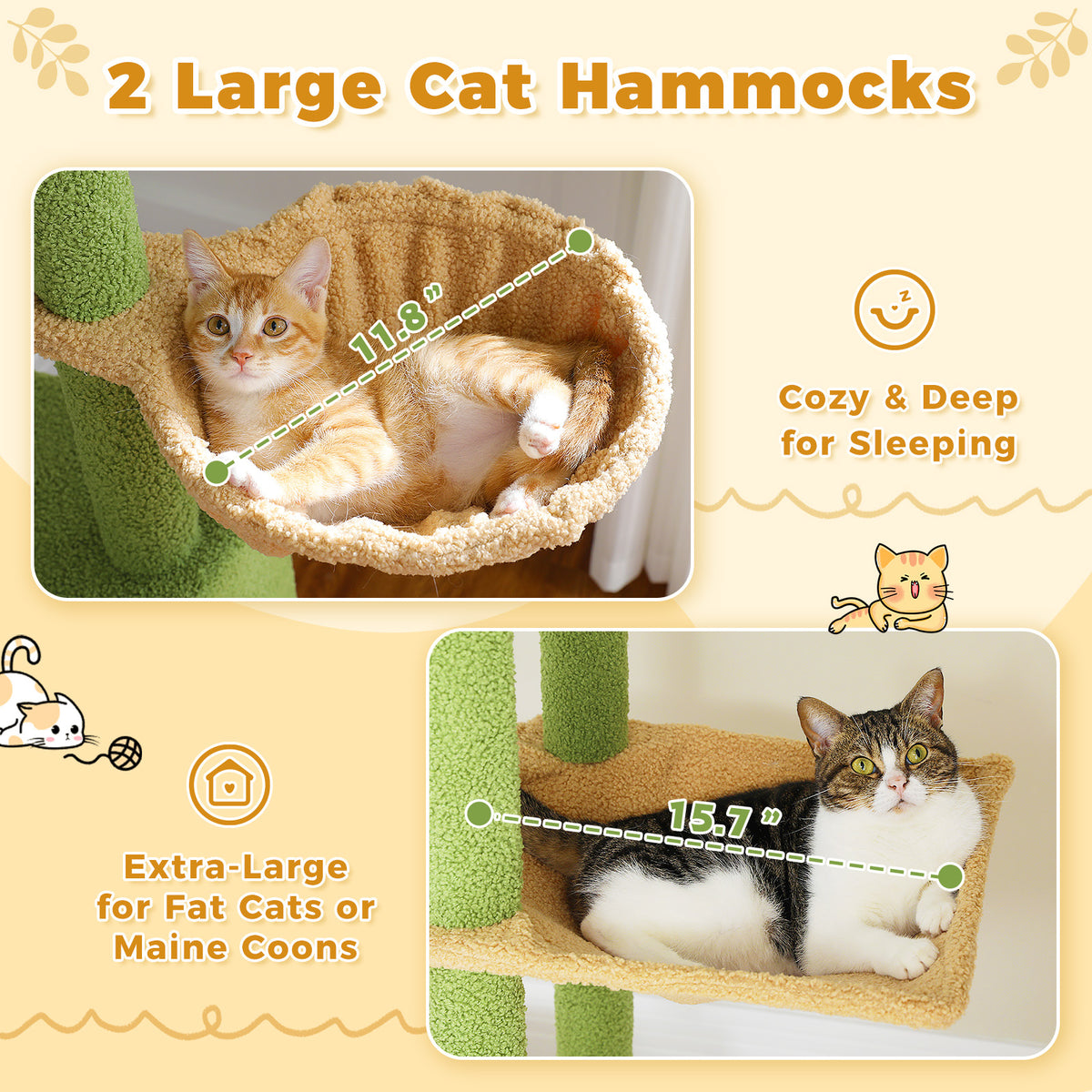 Two large beige hammocks on a green Sky-High cat tree with a ginger kitten and tabby cat shown in size callouts