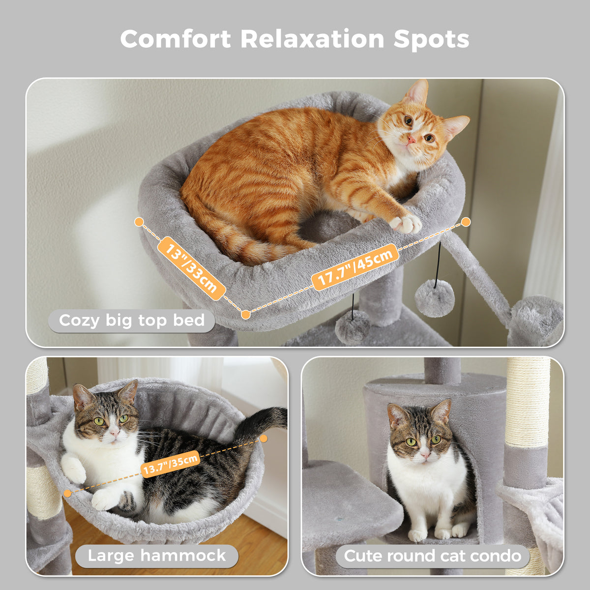 Comfort feature collage of the grey cat tree with a wide top bed holding an orange tabby, large hammock and round condo