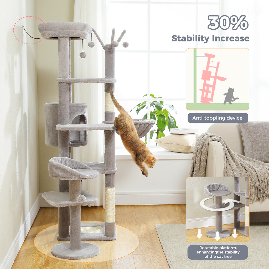 Ginger tabby cat leaping from the grey wide-platform cat tree, with anti-toppling wall anchor stability diagram overlays