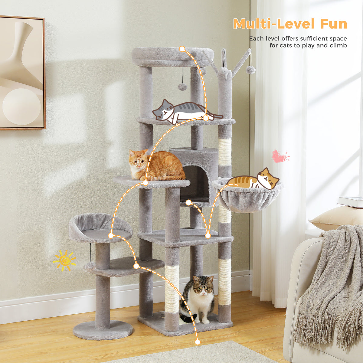 Grey wide-platform cat tree with square condo and plush hammock in a living room, orange tabby lounging on a platform