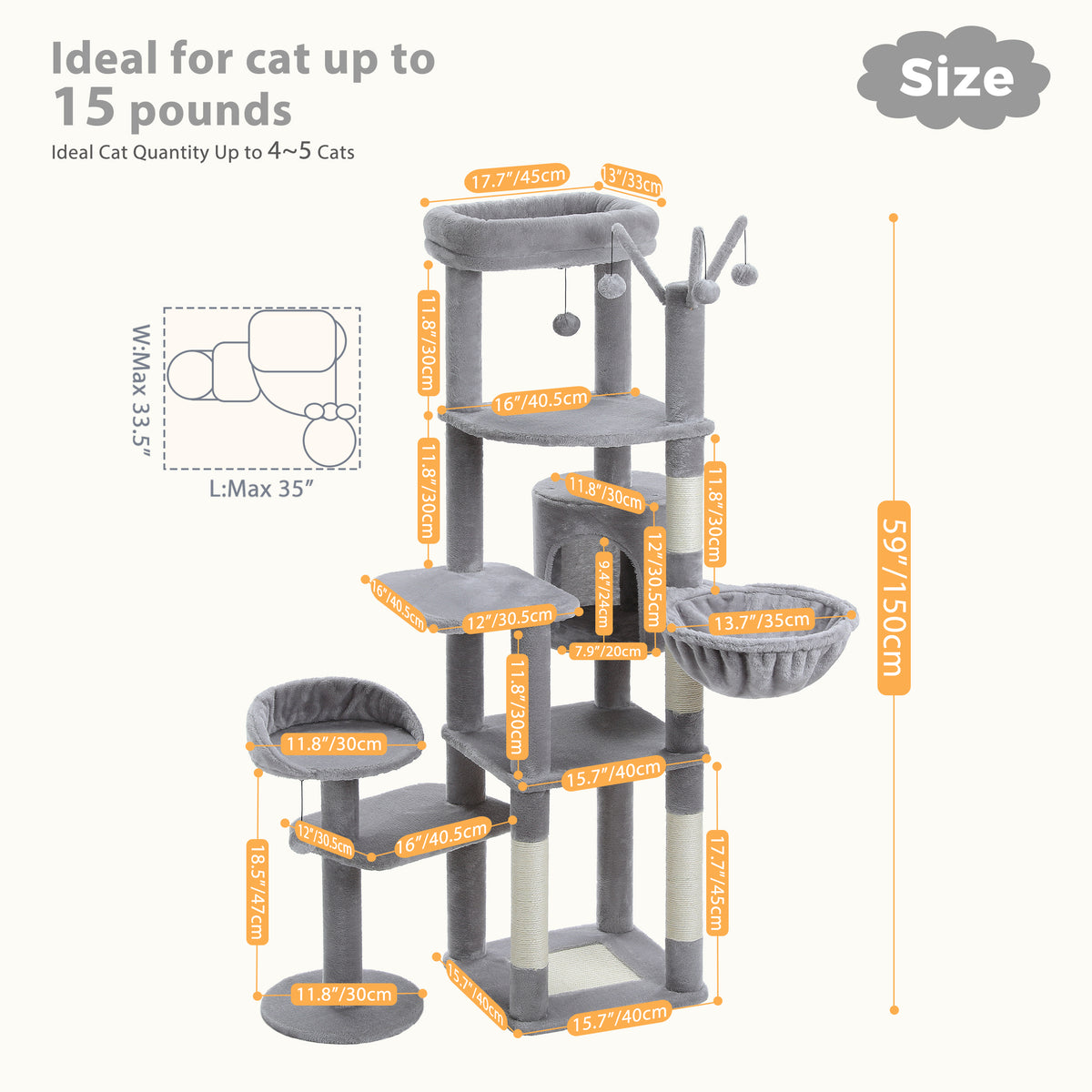Dimension overview of the grey wide-platform cat tree, 59 inch total height with top-view footprint and size callouts