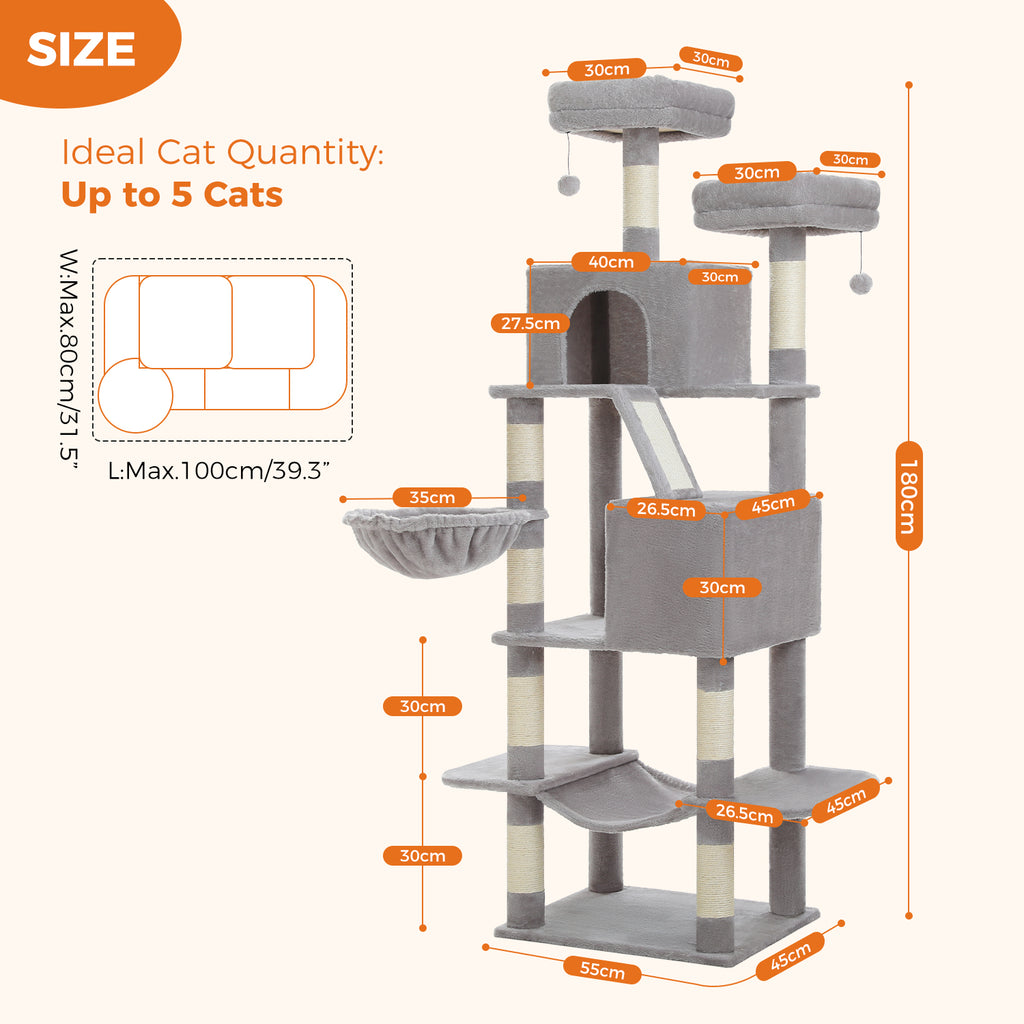 Size diagram of the 180 cm grey cat tree with orange labels, 55 cm base width and a floor-plan footprint sketch