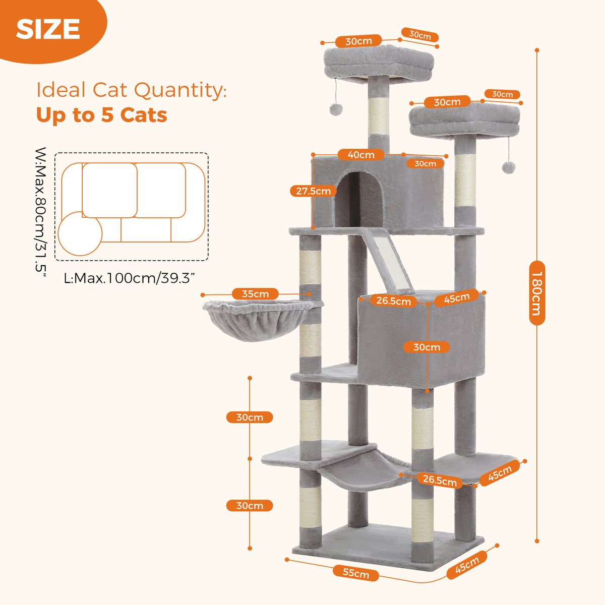 Size diagram of the 180 cm grey cat tree with orange labels, 55 cm base width and a floor-plan footprint sketch