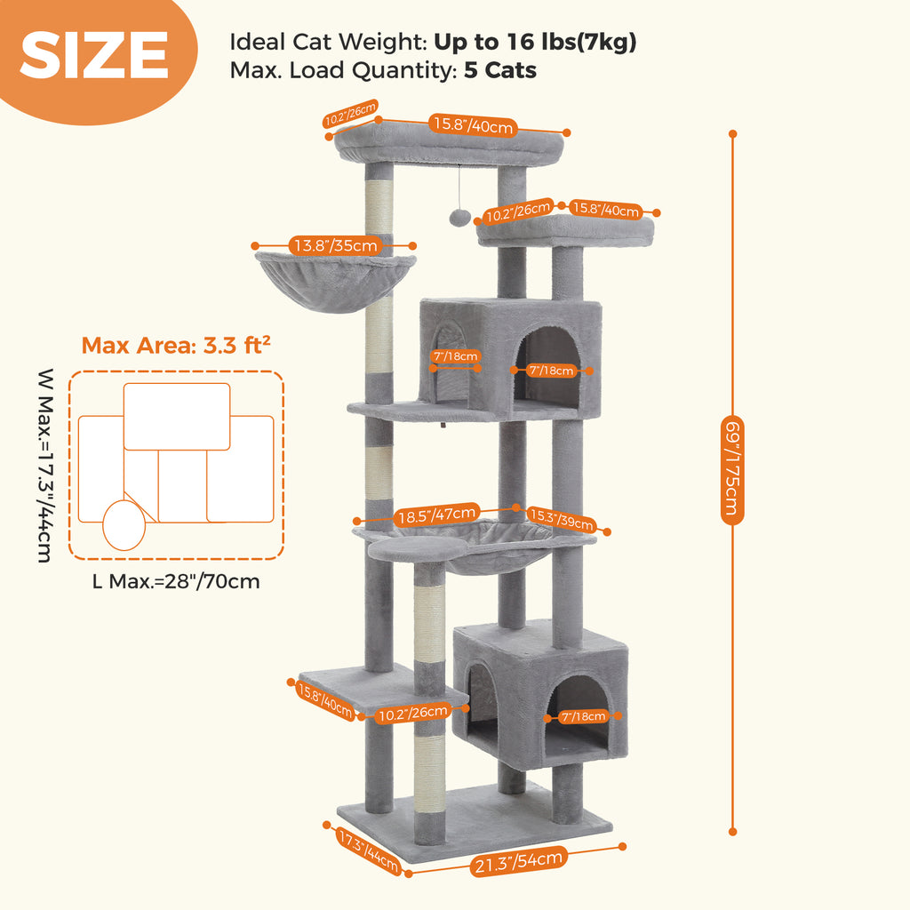 Size infographic of the 175 cm grey cat tree rated for five cats, with floor-plan sketch and orange dimension labels