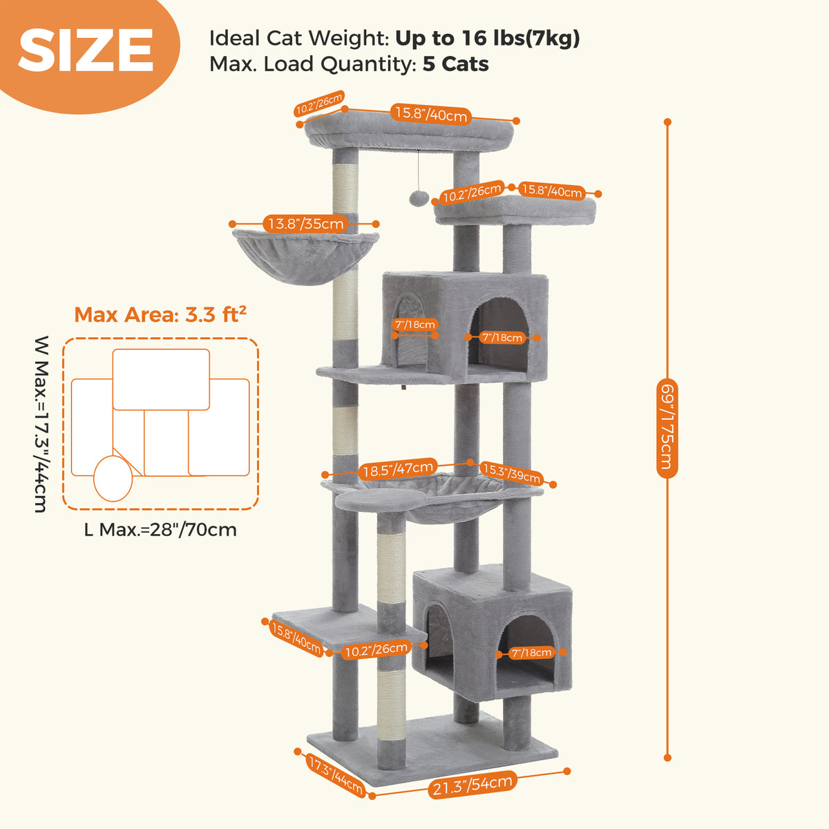 Size infographic of the 175 cm grey cat tree rated for five cats, with floor-plan sketch and orange dimension labels