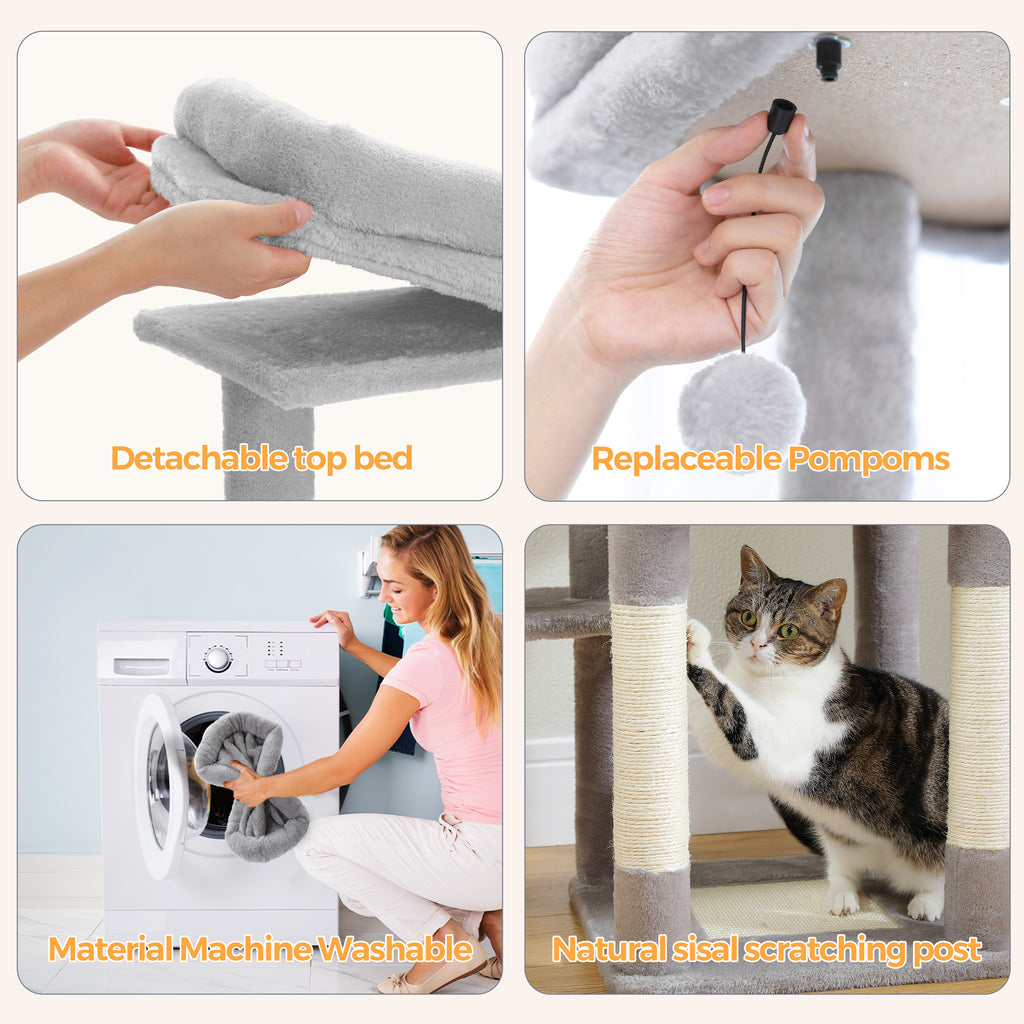 Feature grid of the grey cat tree: cat scratching the sisal post, detachable top bed, pompoms and washable cover
