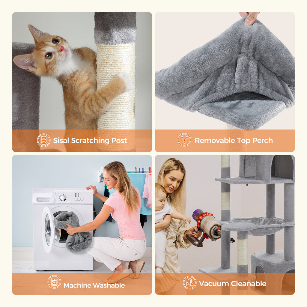 Feature grid: sisal scratching post, removable top perch, machine-washable cushion and vacuum-cleanable cat tree
