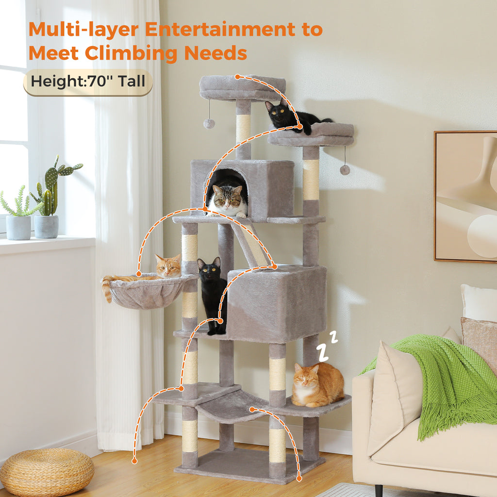 Five cats climbing and napping across the 70-inch cat tree along dashed orange routes, multi-layer fun banner
