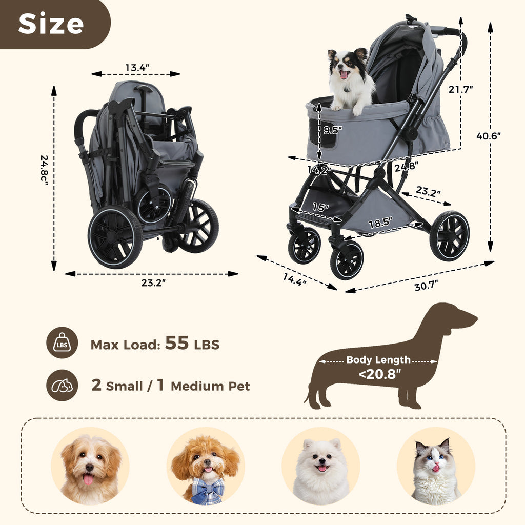 Size chart of the folded and unfolded pet stroller with 55 lb max load and suitable small pets pictured as riders