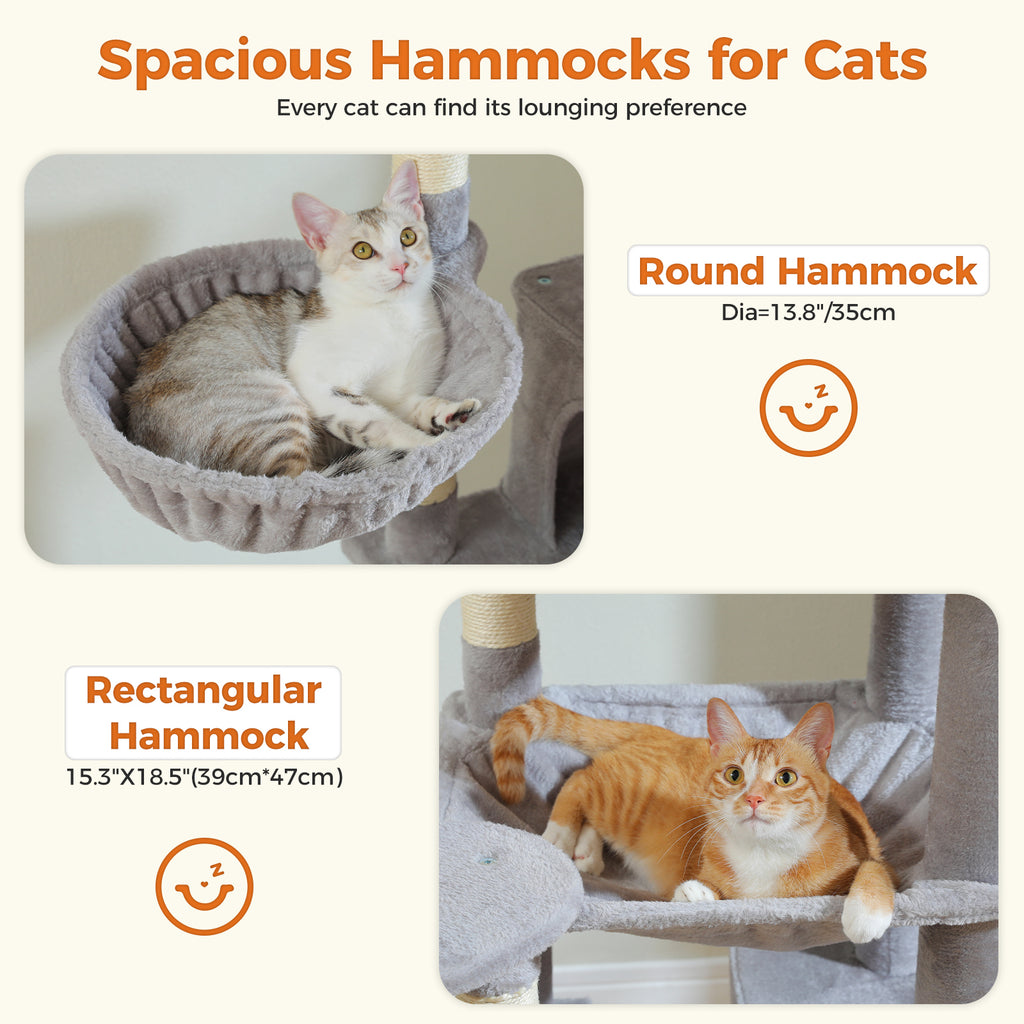Round and rectangular plush hammocks with sleeping cats, labeled at 35 cm diameter and 39 x 47 cm