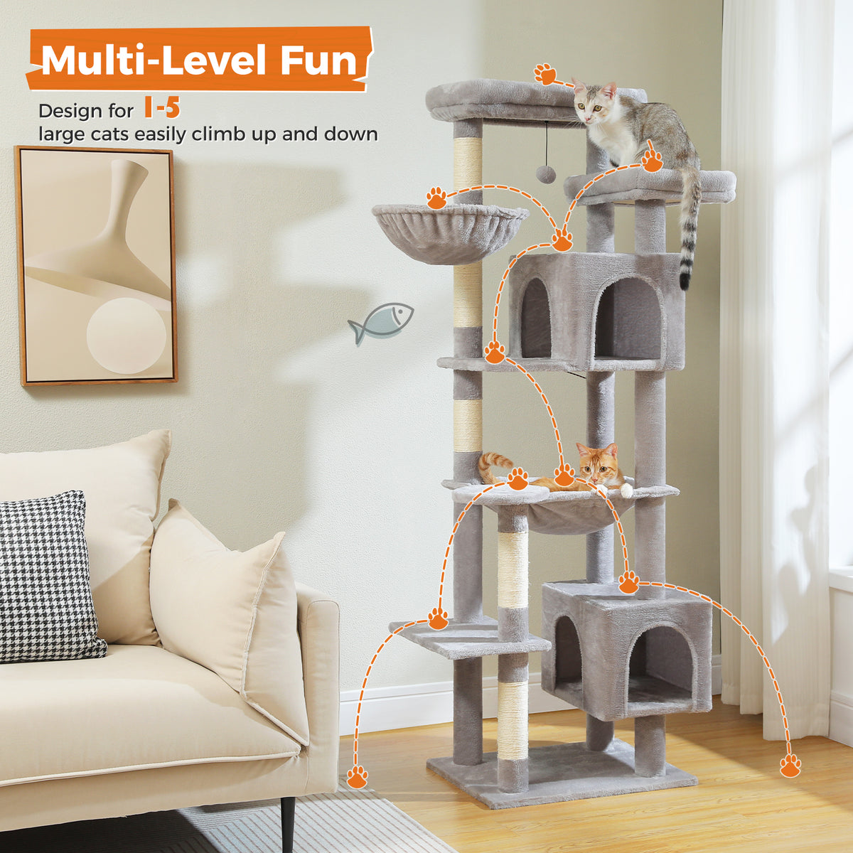 Cat tree in a living room with dashed orange climbing routes and paw prints, orange and grey tabbies on platforms