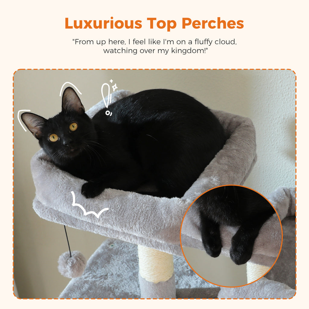 Black cat lounging in a plush U-shaped top perch with a paw close-up inset, Luxurious Top Perches banner