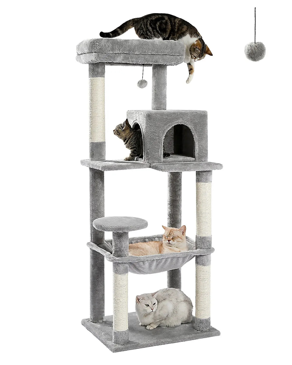 Soft-grey 143cm cat tree on white background with four cats posing on bolster perch, condo, round step and hammock