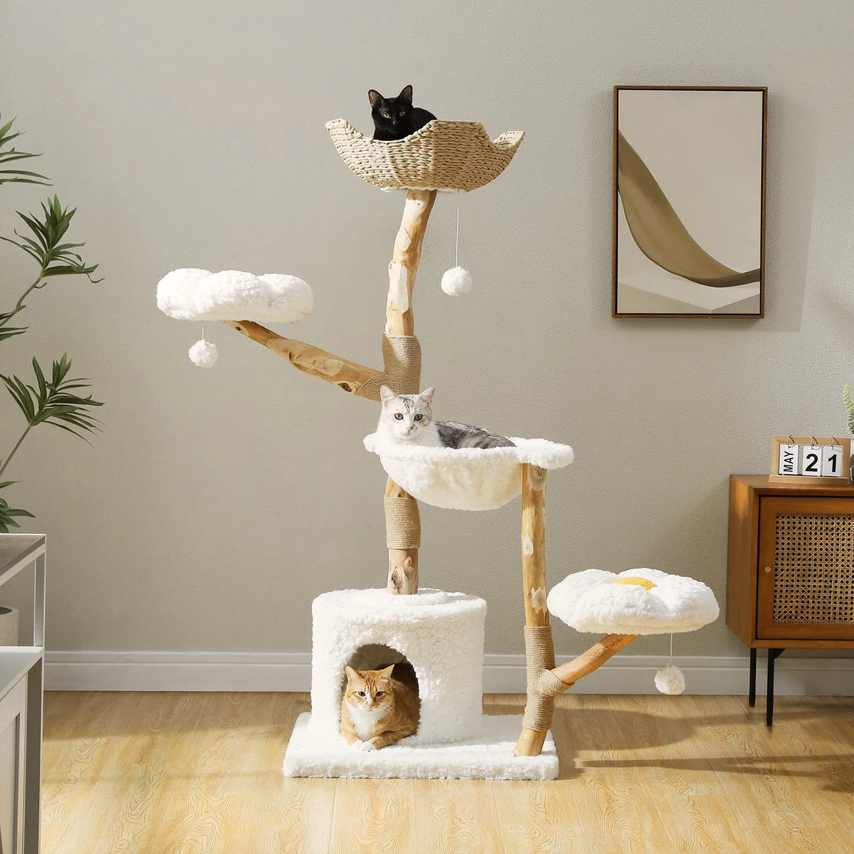 Natural wood cat tree 150cm with sunflower platforms, hammock and woven top basket, three cats at home