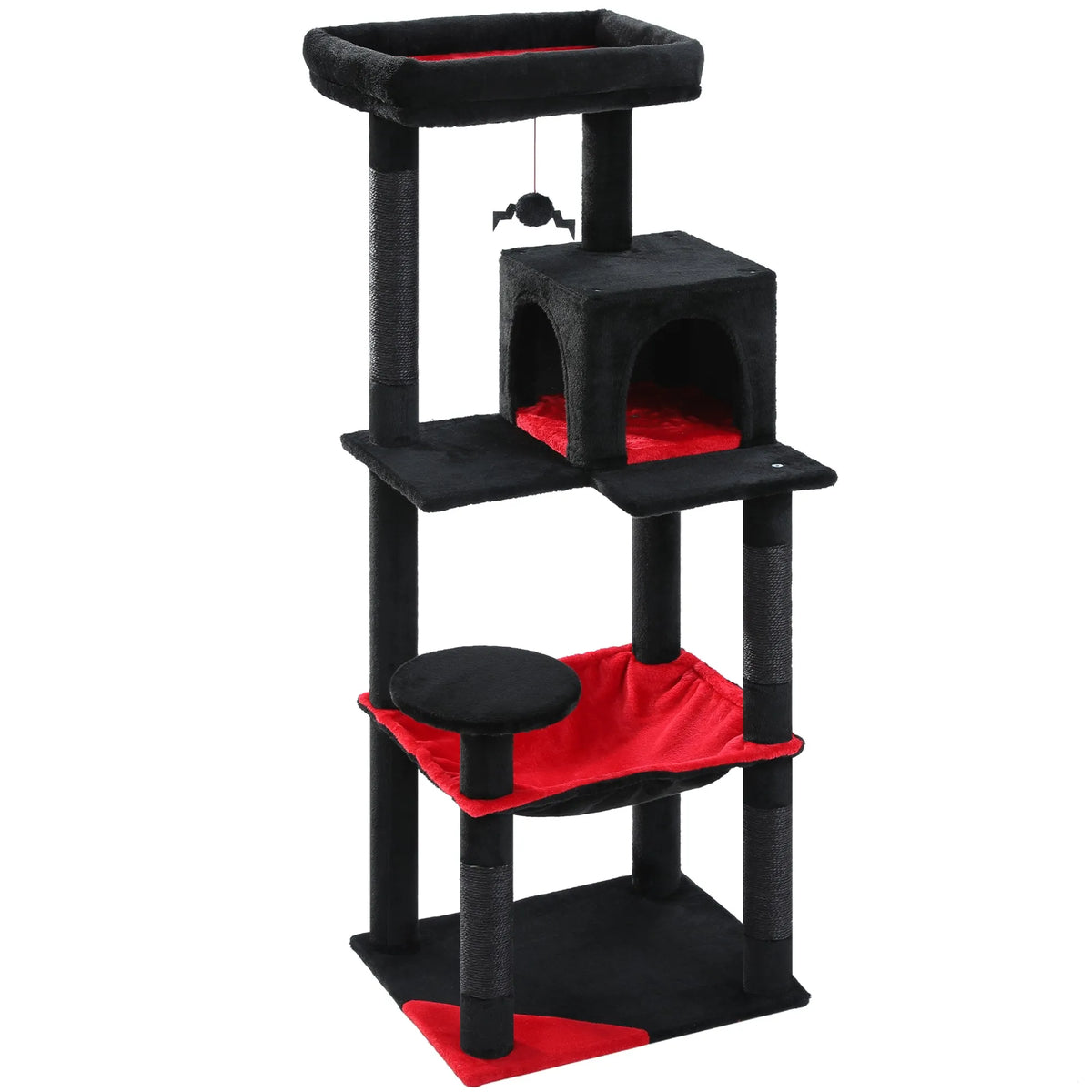 Black and red 143cm cat tree with condo, red hammock and spider toy on a white studio background, no cats