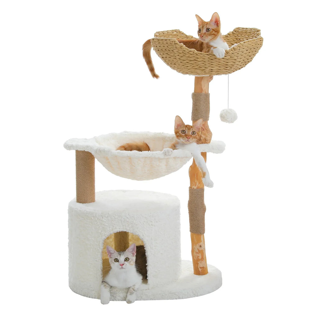 White real-branch cat tree 102cm with plush condo, hammock and woven basket, three cats on a pure white background