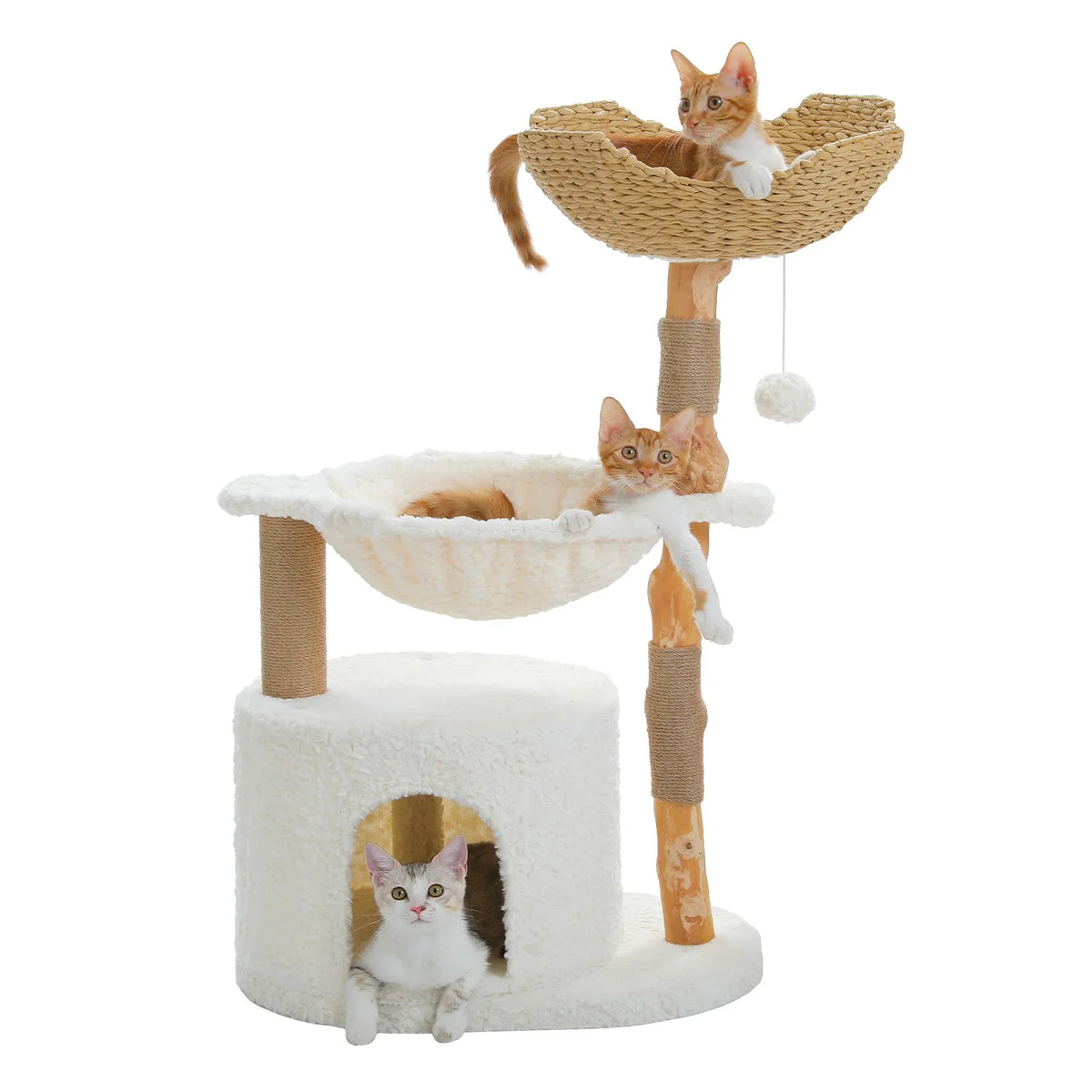 White real-branch cat tree 102cm with plush condo, hammock and woven basket, three cats on a pure white background