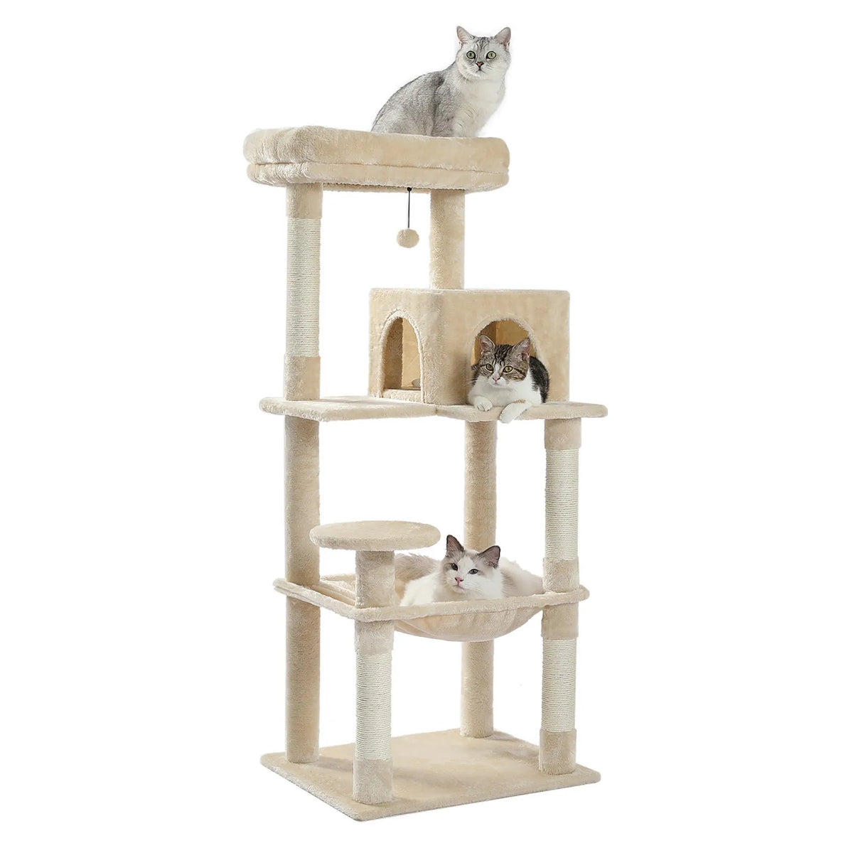 Beige 143cm cat tree on white background with three cats on top perch, in condo and in hammock, natural sisal posts