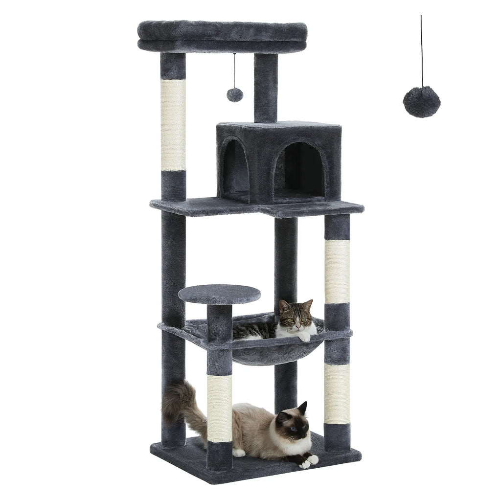 Dark-grey 143cm cat tree on white background with three cats on bolster perch, hammock and base, white sisal posts