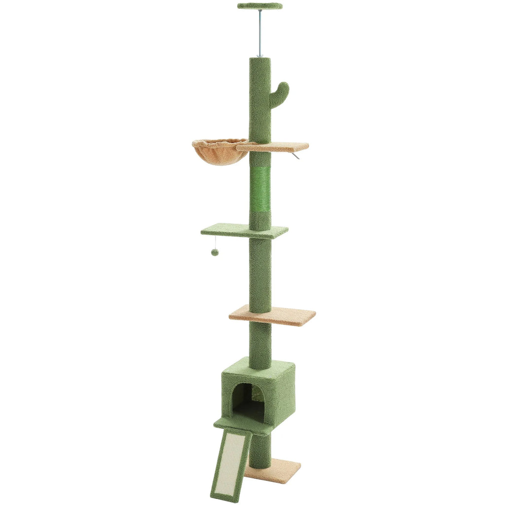 Five-tier cactus cat tree with sage green plush, sisal posts and tan platforms and condo on a white background