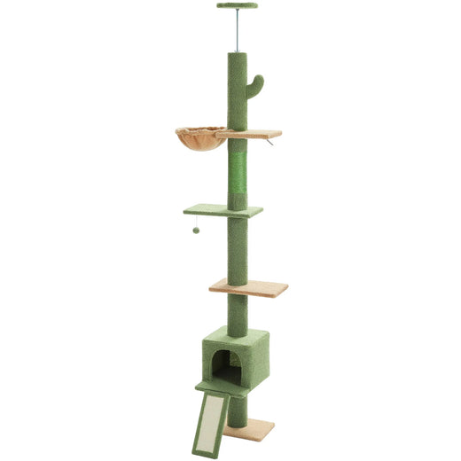 Five-tier cactus cat tree with sage green plush, sisal posts and tan platforms and condo on a white background