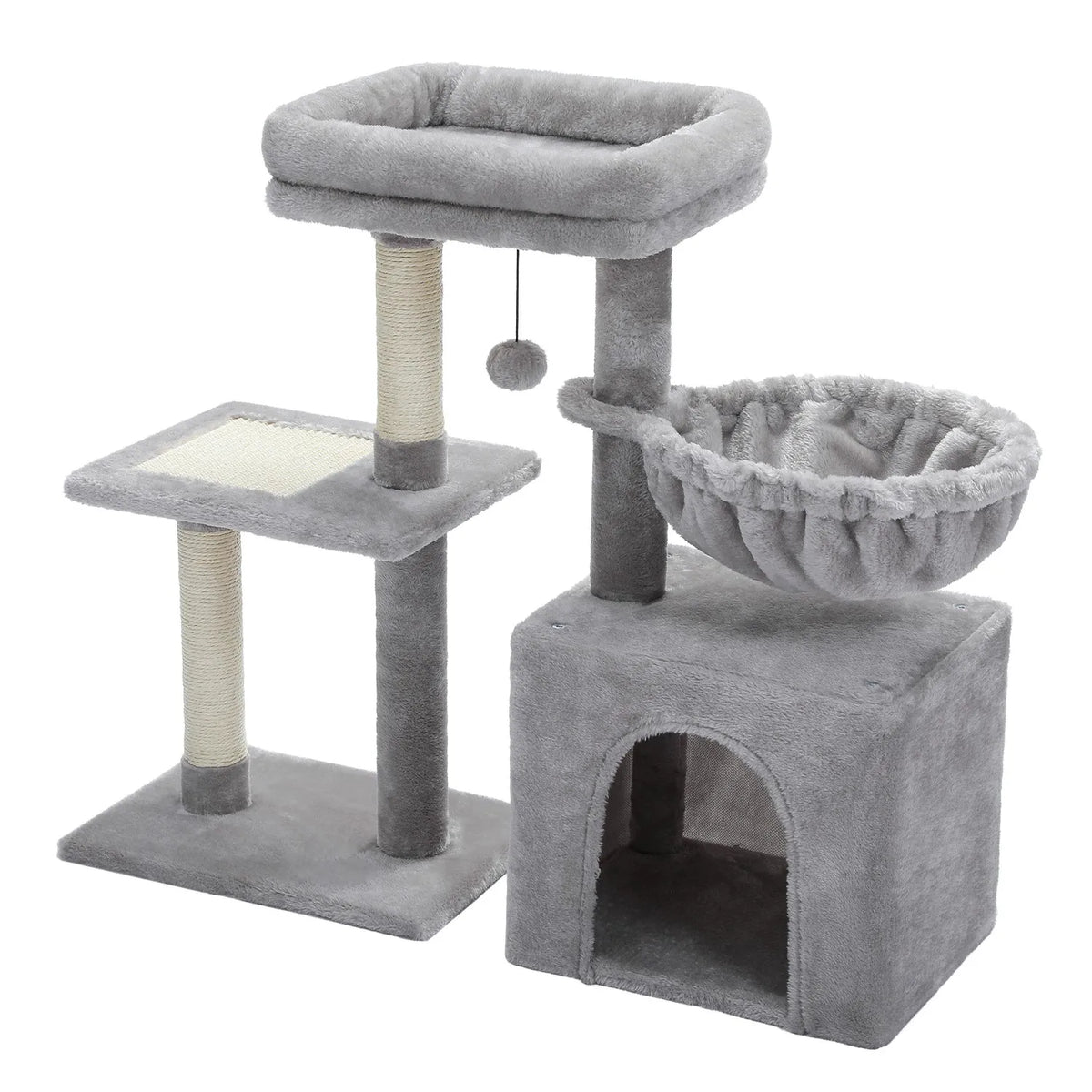 Studio shot of the light grey 73cm starter tree on white, condo, sisal mat platform, hammock and perch