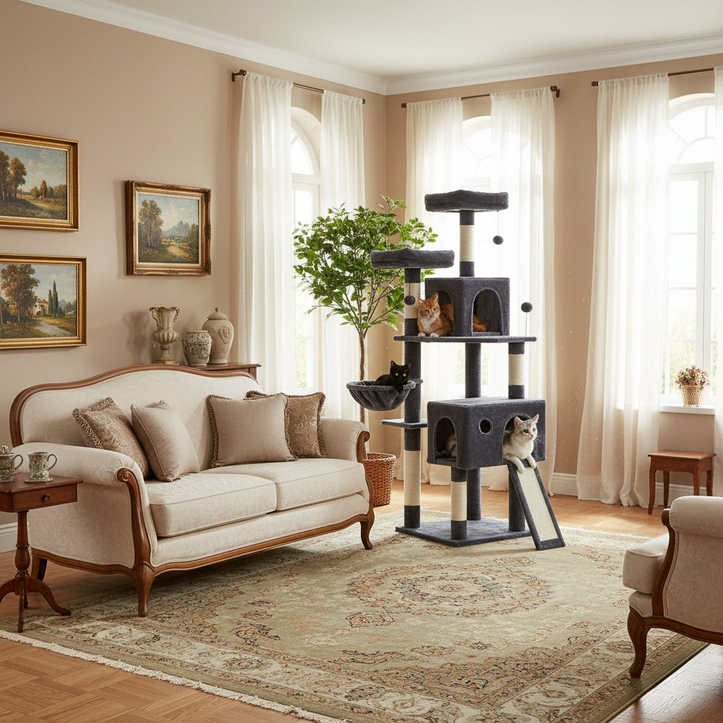 Charcoal grey 164cm cat tree in an elegant living room, black cat in the basket hammock and tabby cats in the condos