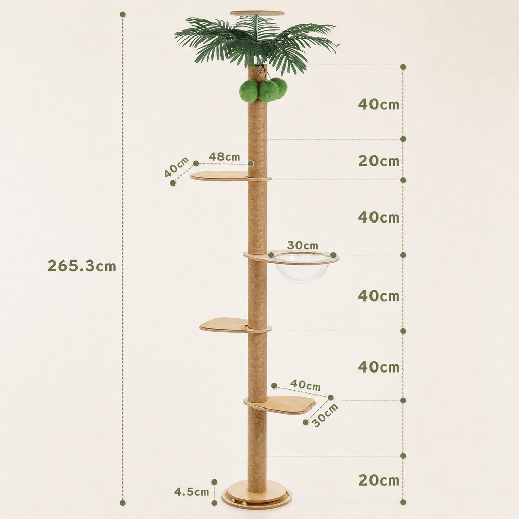 Dimension diagram of the floor-to-ceiling palm cat tree with capsule bowl and wood platforms