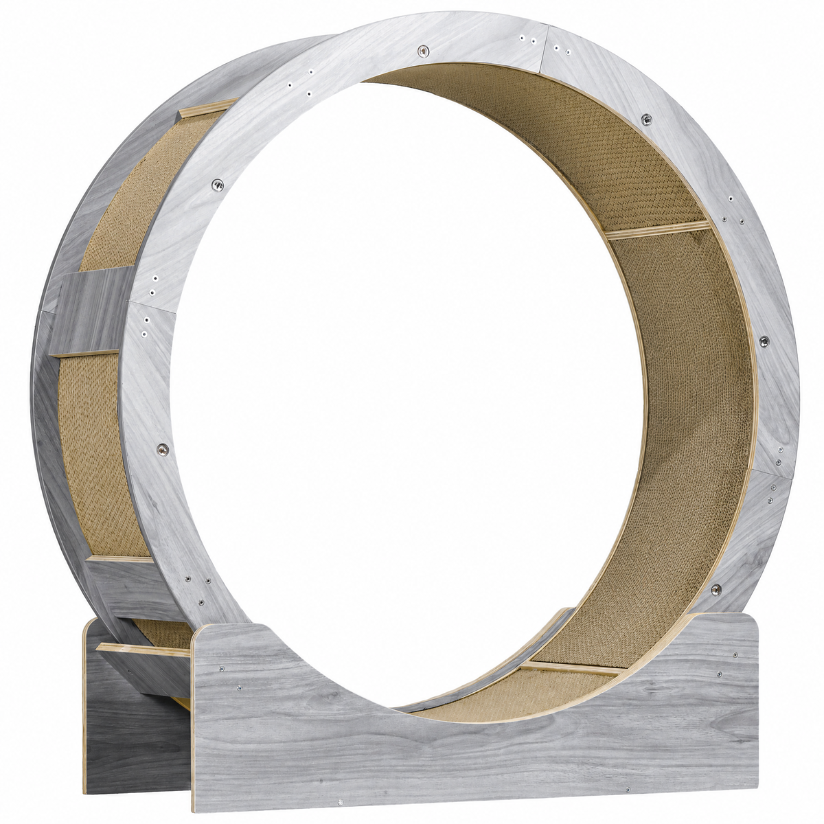 Gray and wood cat exercise wheel with brake and scratching board, studio product view on white background