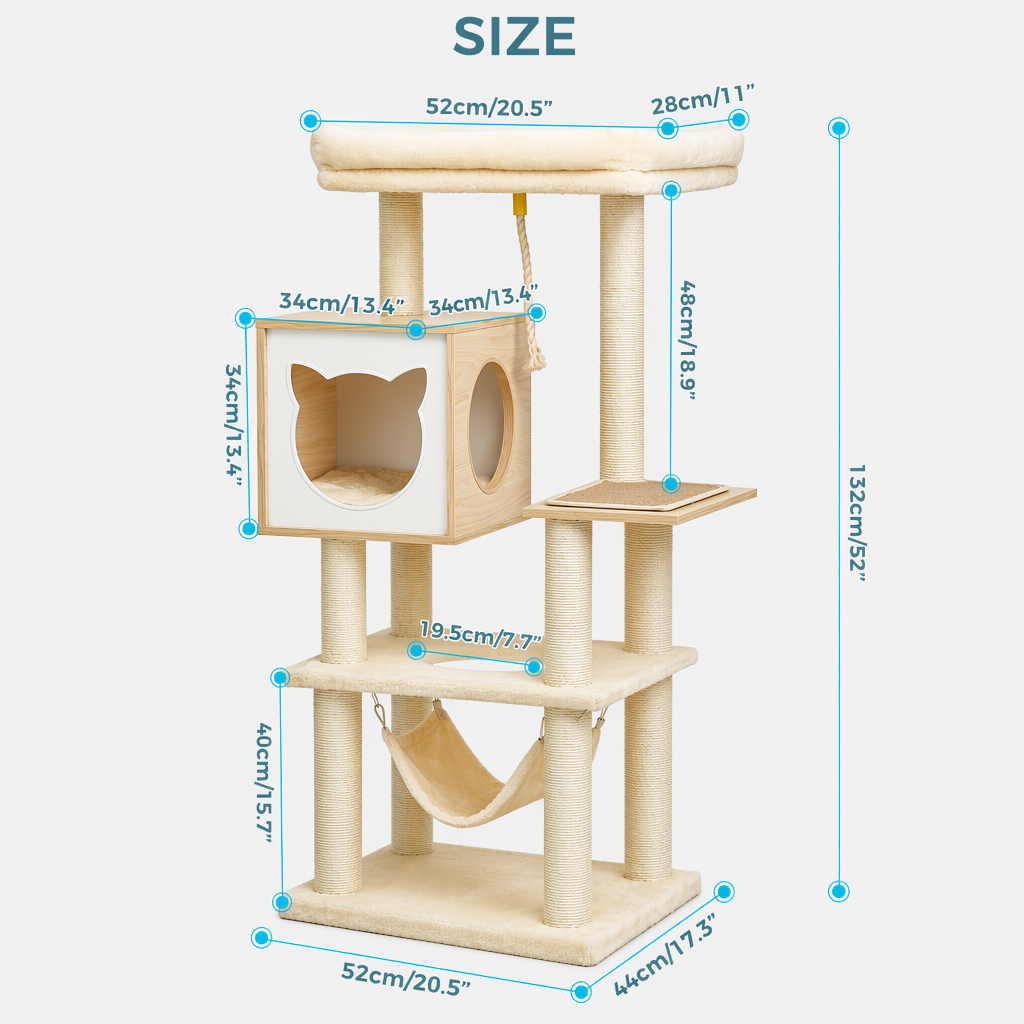 Size diagram of a Nordic cat tree labelled 132 cm tall with 52 cm wide top perch, cream plush, wood and sisal on grey