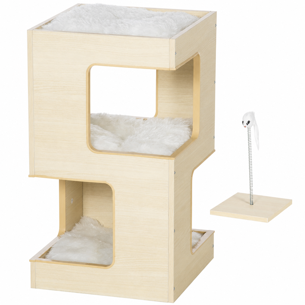 Front view of a three-tier light oak wooden cat house with plush cushions and a spring mouse toy on white background