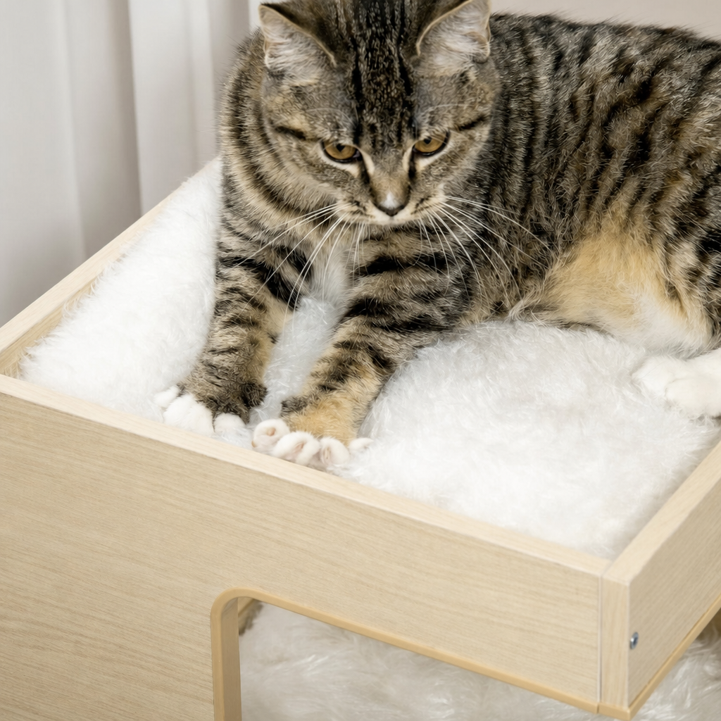 Close-up of a tabby cat kneading the thick white plush cushion in the top tray of a light oak cat house