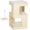 Three-tier light oak wooden cat house with white plush cushions and a separate spring mouse toy on a white background