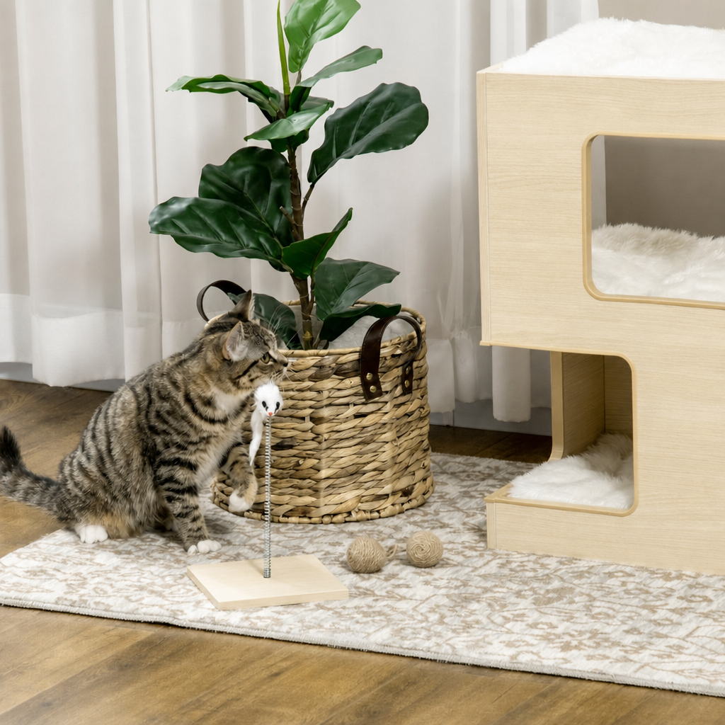 Tabby cat reaching for a spring mouse toy beside a three-tier light oak wooden cat condo in a living room