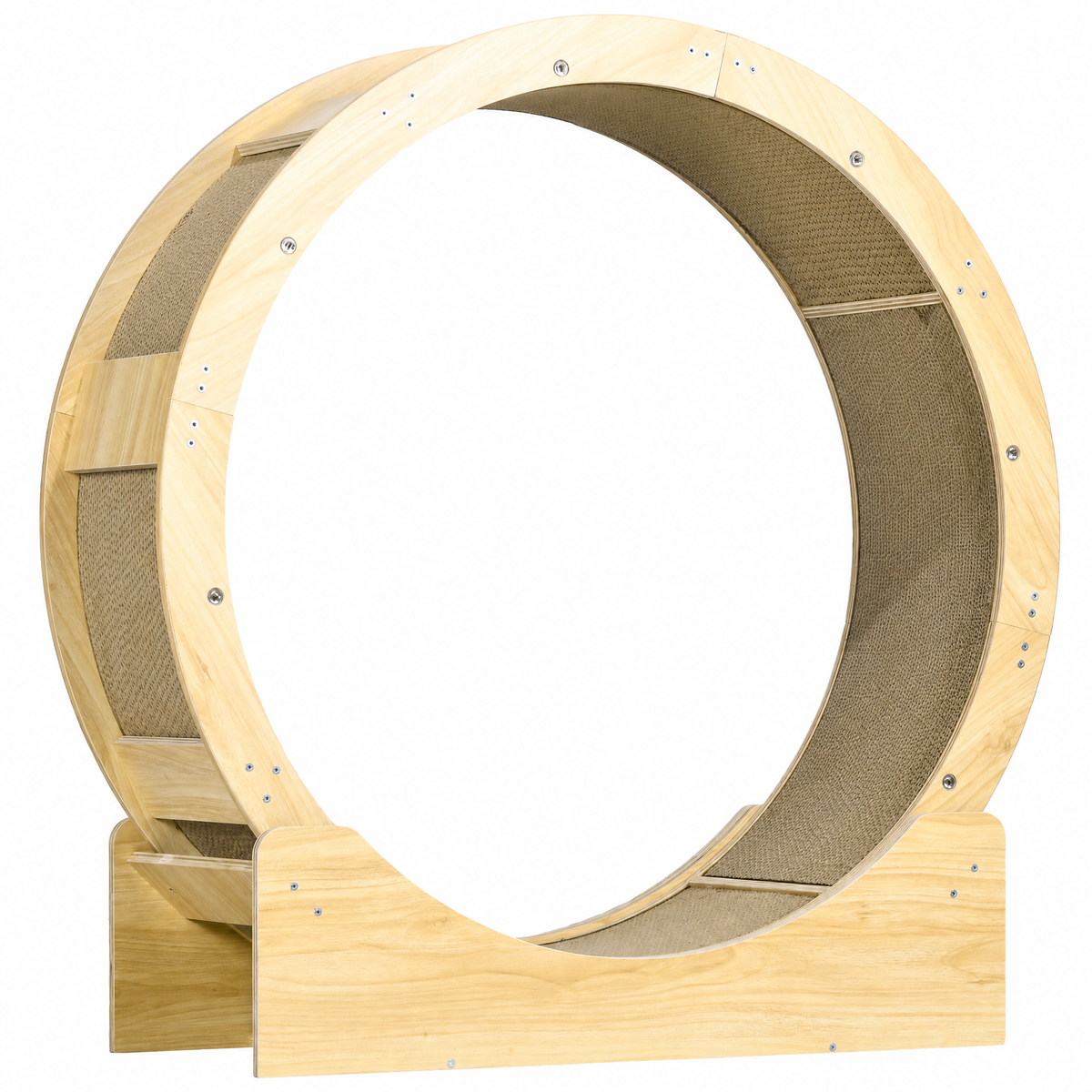 Oak wooden cat exercise wheel with brake and scratching pad, studio view on white background