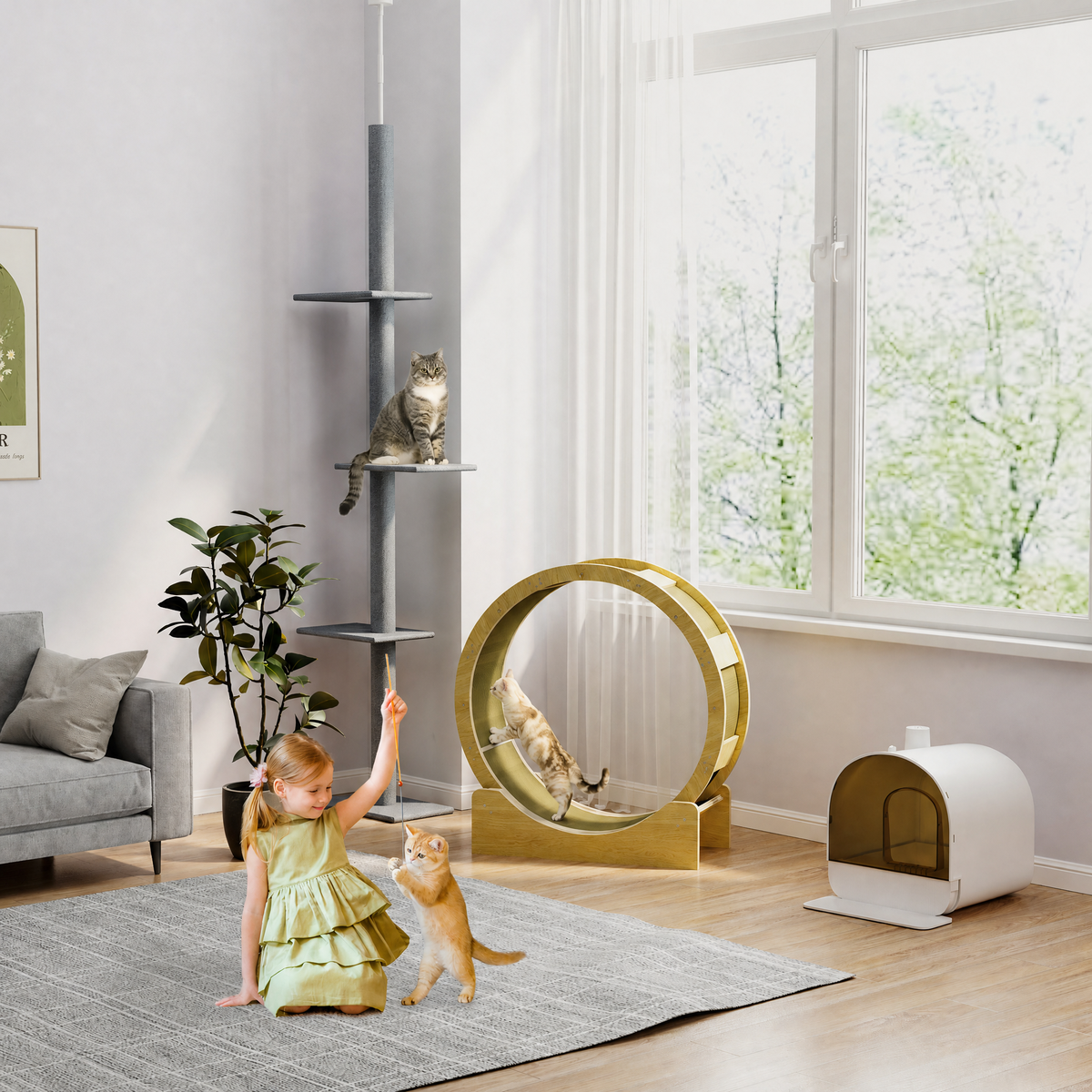 Oak cat exercise wheel in a modern living room with an adult cat and a kitten playing