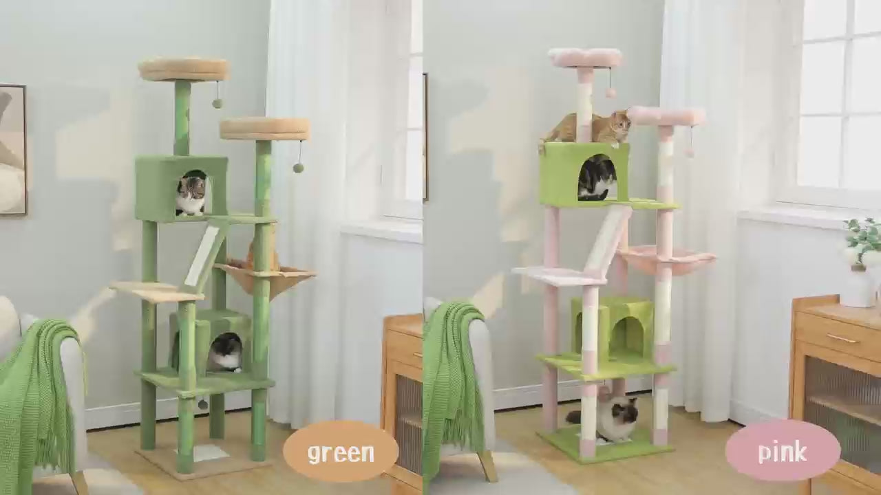 Video of green and pink wide 180cm cat trees side by side, cats in condos, with colourway labels