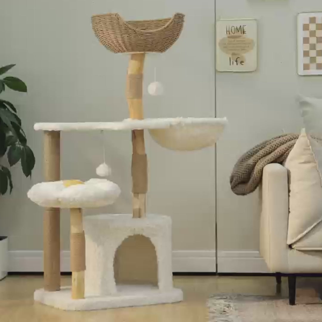 Video of a natural wood cat tree 123cm with white plush levels, daisy platform, wicker basket and hammock
