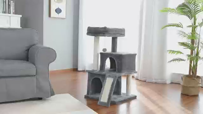 Video of the compact 86cm grey cat tree with two arched condos and sisal ramp in a bright living room