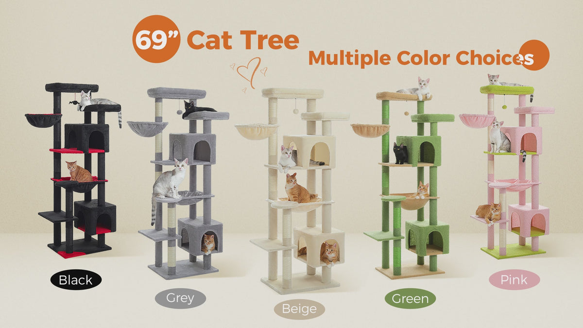 Video graphic of the 69-inch cat tree in five colorways - black, grey, beige, green and pink - with labels