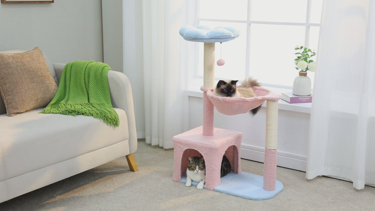Tabby and colorpoint cats rest on a pastel pink and blue cat tree with flower perch, hammock and condo
