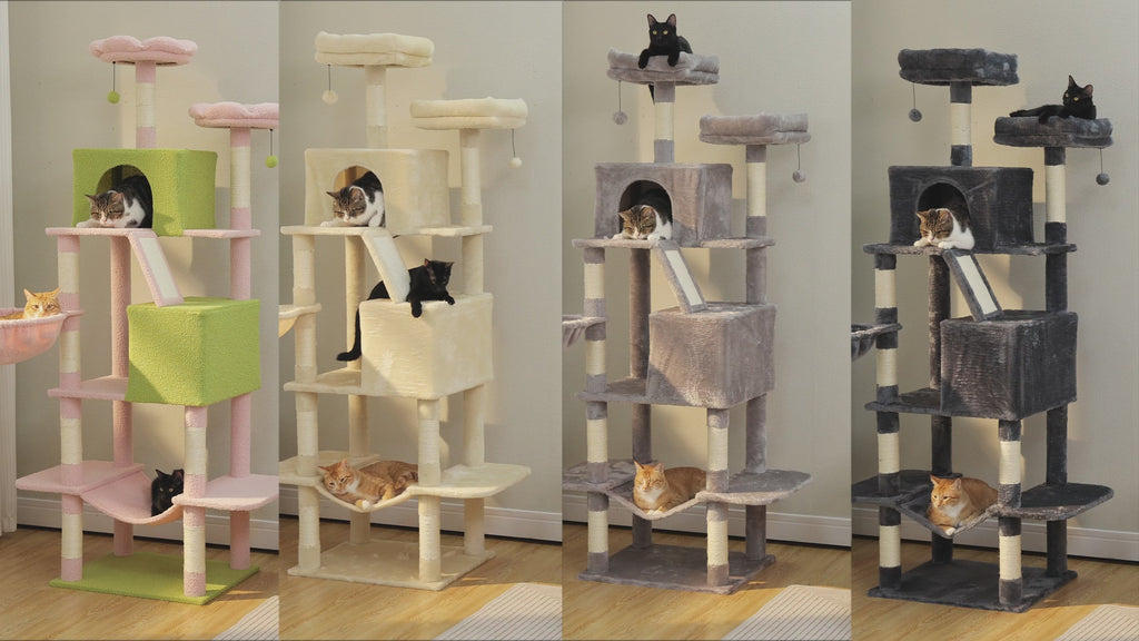 Video still of the tall cat tree in four colors - pink-green, cream, light grey and charcoal - with cats