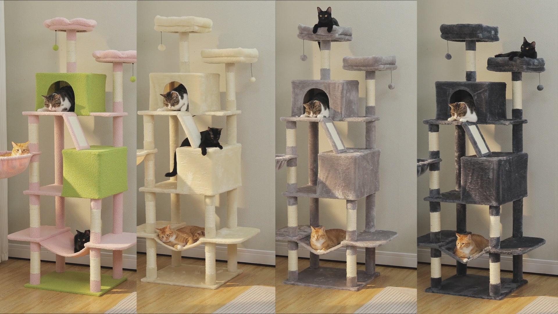 Video still of the tall cat tree in four colors - pink-green, cream, light grey and charcoal - with cats