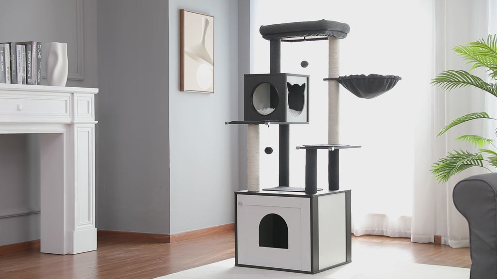 Charcoal and white Deluxe cat tree with condo, hanging basket and padded perch in a minimalist living room