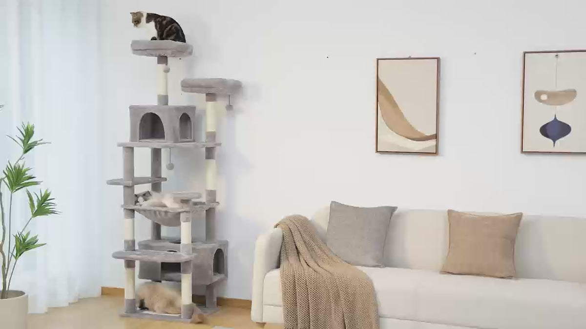 Video of grey 184cm eight-level cat castle with two condos, hammock and twin top perches, three cats at home