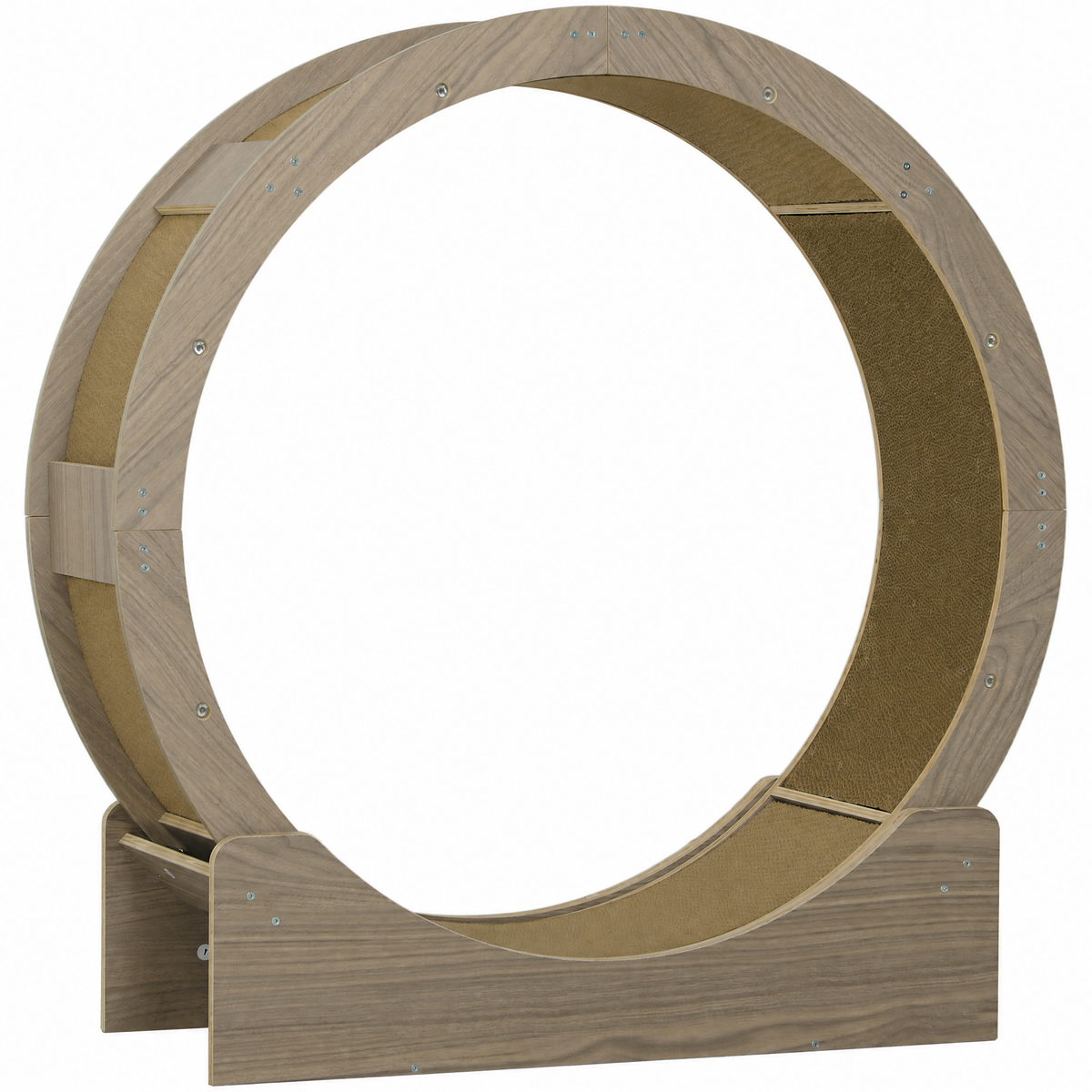 Walnut and wood cat exercise wheel, 91 cm wooden running wheel with sisal track, studio photo on white background